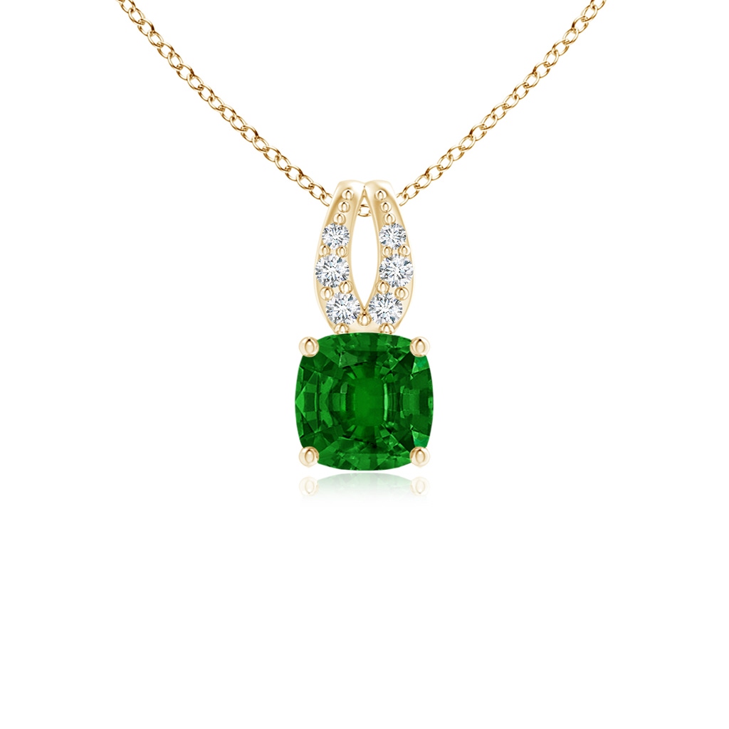 4mm AAAA Cushion Emerald Pendant with Diamonds in Yellow Gold