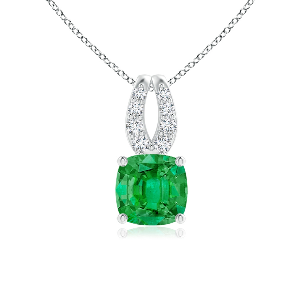 5mm AAA Cushion Emerald Pendant with Diamonds in White Gold