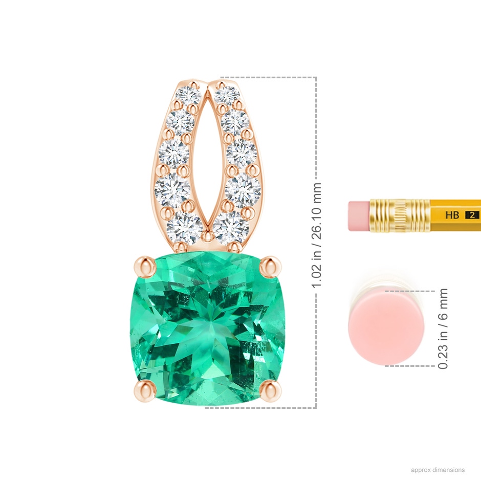 11.75x11.71x8.53mm AA GIA Certified Cushion Columbian Emerald Pendant with Diamonds in Rose Gold ruler