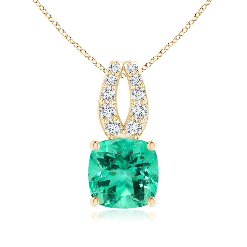 11.75x11.71x8.53mm AA GIA Certified Cushion Columbian Emerald Pendant with Diamonds in Yellow Gold