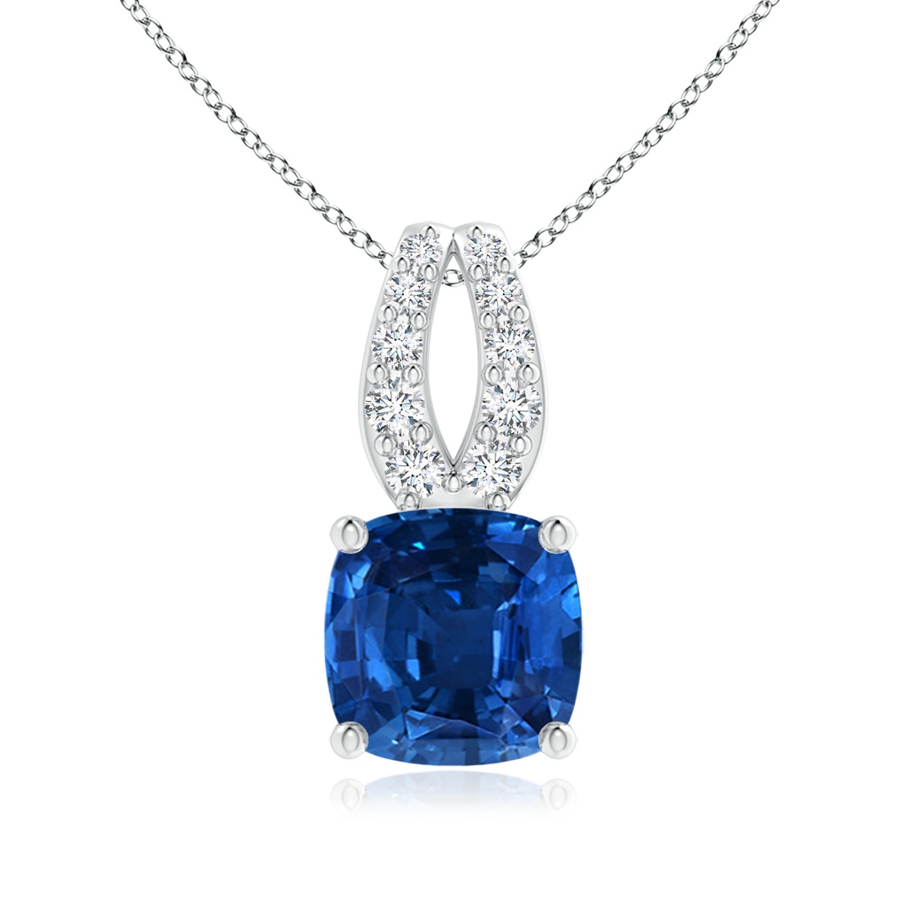 8.76x8.58x6.00mm AAAA GIA Certified Cushion Blue Sapphire Pendant with Diamonds in 18K White Gold