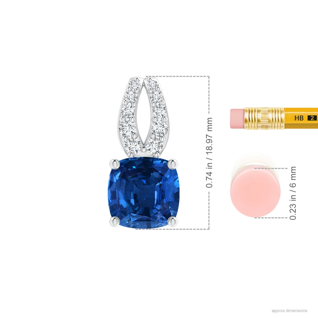 8.76x8.58x6.00mm AAAA GIA Certified Cushion Blue Sapphire Pendant with Diamonds in 18K White Gold ruler