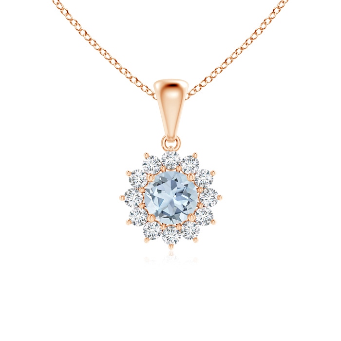 5mm A Round Aquamarine Flower Pendant with Diamond Halo in Rose Gold 