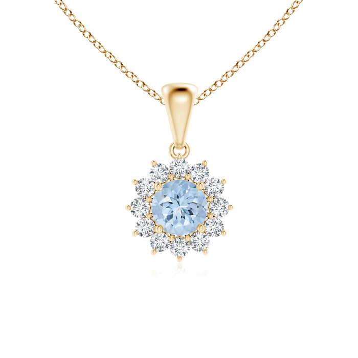 5mm AA Round Aquamarine Flower Pendant with Diamond Halo in Yellow Gold 