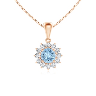 5mm AAA Round Aquamarine Flower Pendant with Diamond Halo in 9K Rose Gold