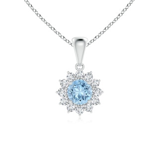 5mm AAA Round Aquamarine Flower Pendant with Diamond Halo in 9K White Gold