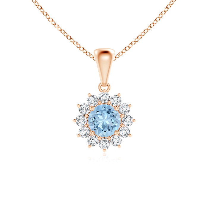 5mm AAA Round Aquamarine Flower Pendant with Diamond Halo in Rose Gold 