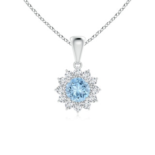 5mm AAA Round Aquamarine Flower Pendant with Diamond Halo in White Gold
