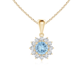 5mm AAA Round Aquamarine Flower Pendant with Diamond Halo in Yellow Gold