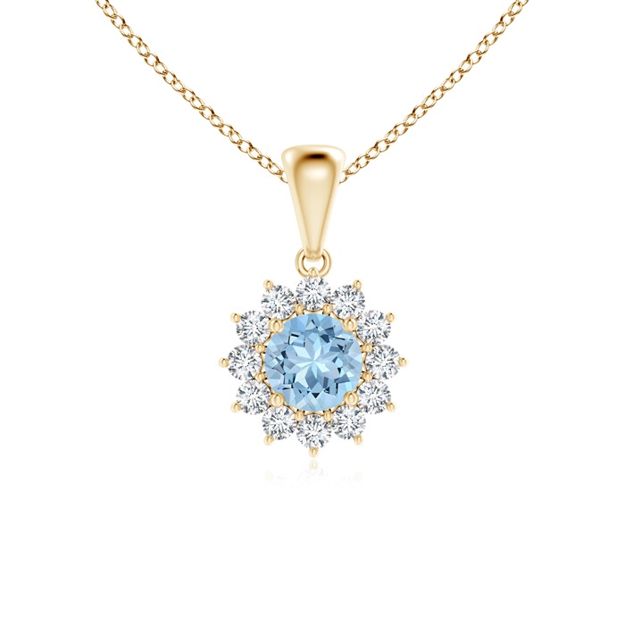 5mm AAA Round Aquamarine Flower Pendant with Diamond Halo in Yellow Gold 