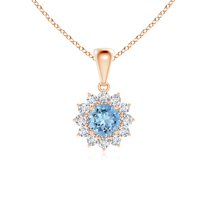 5mm AAAA Round Aquamarine Flower Pendant with Diamond Halo in Rose Gold 