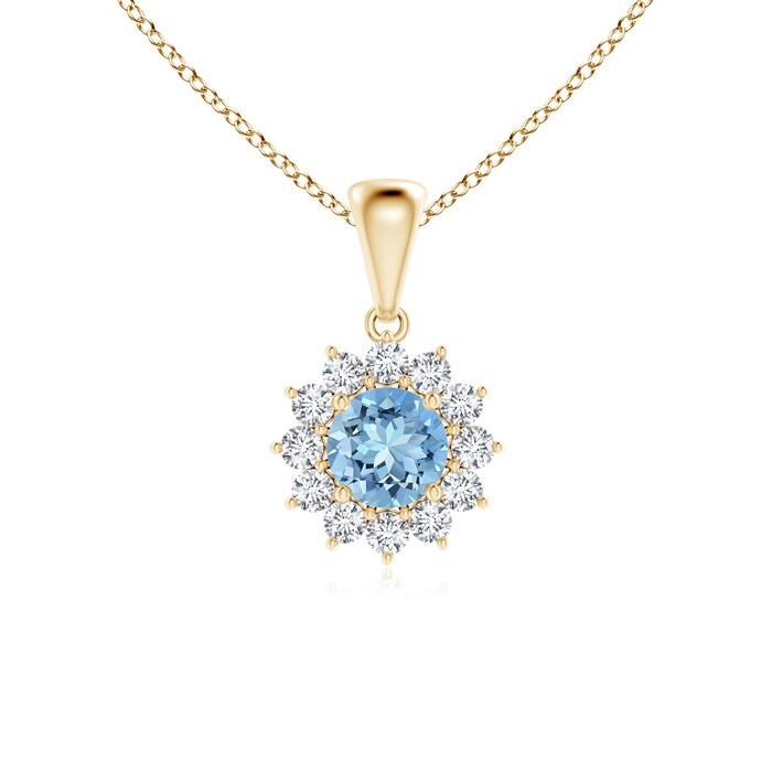 5mm AAAA Round Aquamarine Flower Pendant with Diamond Halo in Yellow Gold