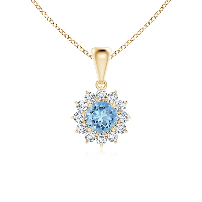 5mm AAAA Round Aquamarine Flower Pendant with Diamond Halo in Yellow Gold 
