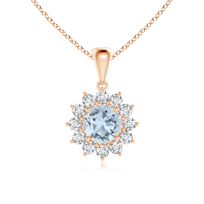 6mm A Round Aquamarine Flower Pendant with Diamond Halo in Rose Gold 