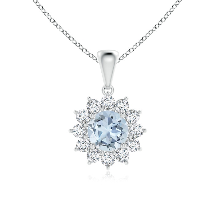 6mm A Round Aquamarine Flower Pendant with Diamond Halo in White Gold 