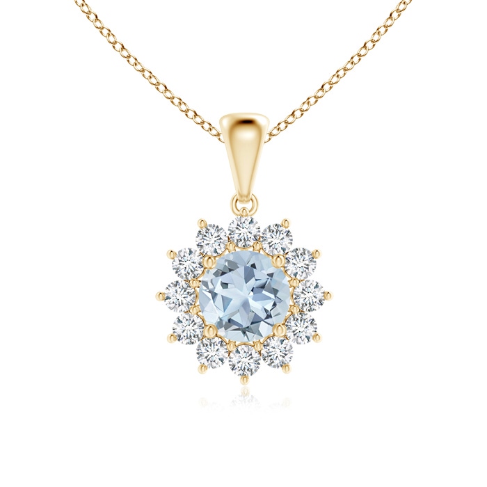 6mm A Round Aquamarine Flower Pendant with Diamond Halo in Yellow Gold 