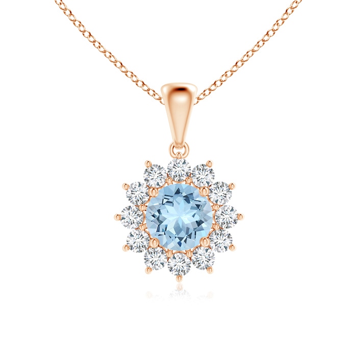 6mm AAA Round Aquamarine Flower Pendant with Diamond Halo in Rose Gold 