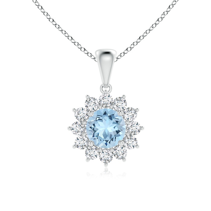 6mm AAA Round Aquamarine Flower Pendant with Diamond Halo in White Gold 