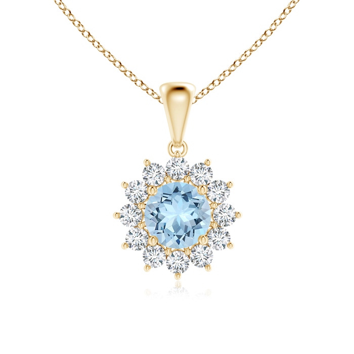 6mm AAA Round Aquamarine Flower Pendant with Diamond Halo in Yellow Gold 