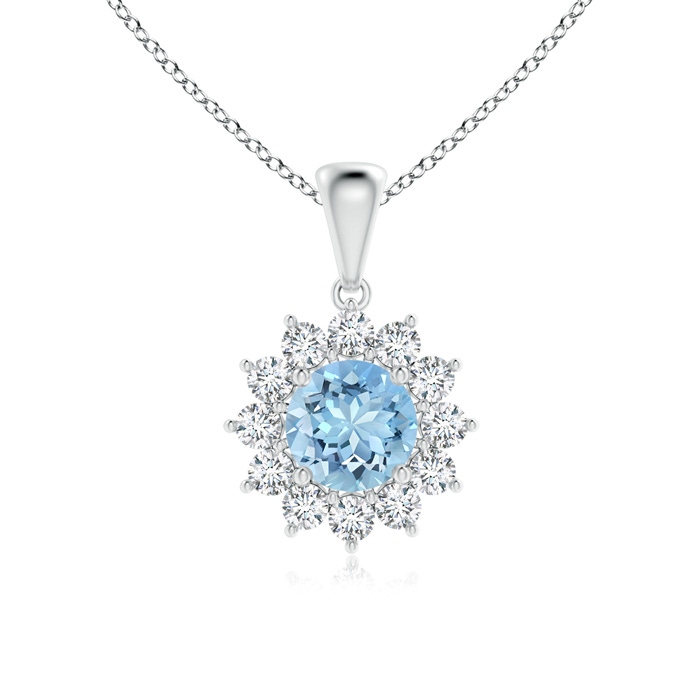 6mm AAAA Round Aquamarine Flower Pendant with Diamond Halo in White Gold 
