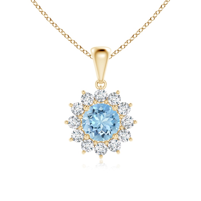 6mm AAAA Round Aquamarine Flower Pendant with Diamond Halo in Yellow Gold 