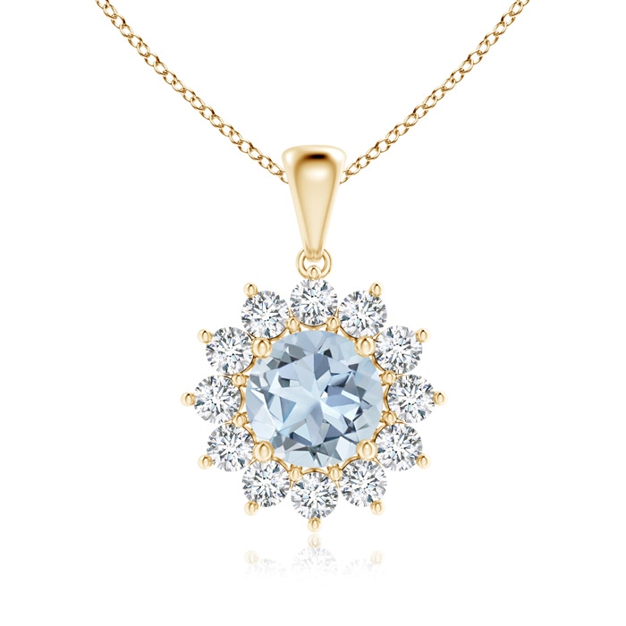 7mm A Round Aquamarine Flower Pendant with Diamond Halo in Yellow Gold 