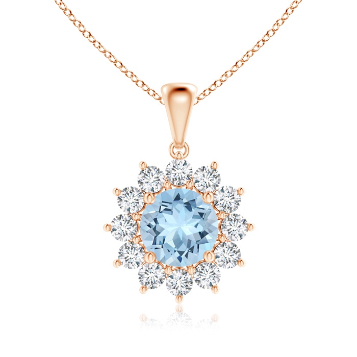 7mm AAA Round Aquamarine Flower Pendant with Diamond Halo in Rose Gold 