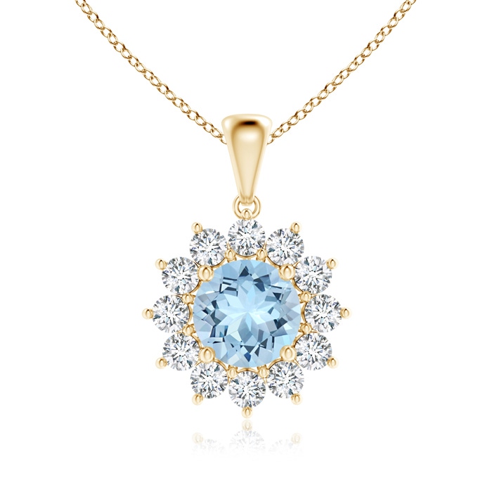 7mm AAA Round Aquamarine Flower Pendant with Diamond Halo in Yellow Gold 