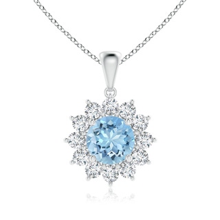 7mm AAAA Round Aquamarine Flower Pendant with Diamond Halo in White Gold