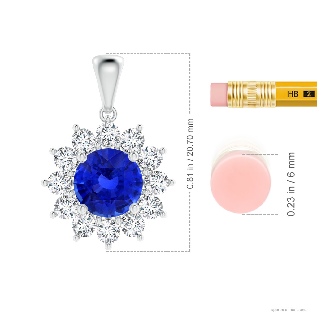 6.97x7.02x4.67mm AAA Round GIA Certified Blue sapphire Flower Pendant with Diamond Halo in P950 Platinum ruler