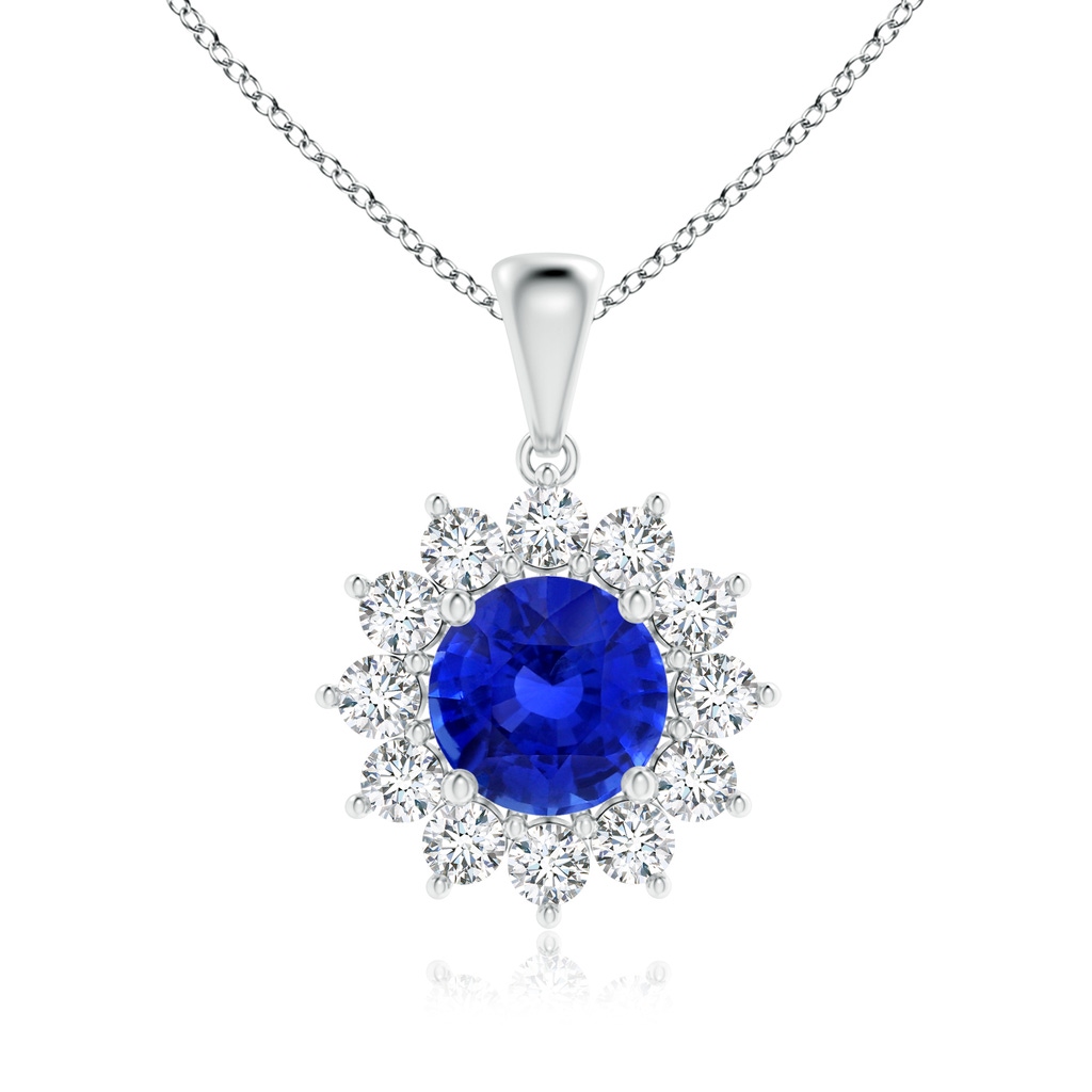 6.97x7.02x4.67mm AAA Round GIA Certified Blue sapphire Flower Pendant with Diamond Halo in White Gold