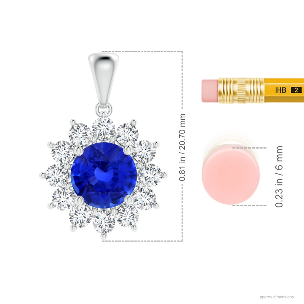 6.97x7.02x4.67mm AAA Round GIA Certified Blue sapphire Flower Pendant with Diamond Halo in White Gold ruler
