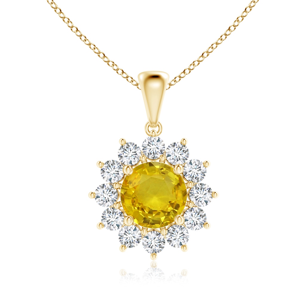 6.97-7.01-4.98mm AAA Round Yellow Sapphire Flower Pendant with Diamond Halo in 18K Yellow Gold
