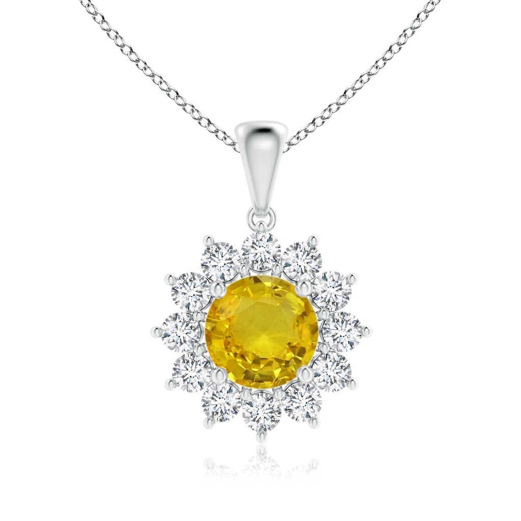 6.97-7.01-4.98mm AAA Round Yellow Sapphire Flower Pendant with Diamond Halo in P950 Platinum