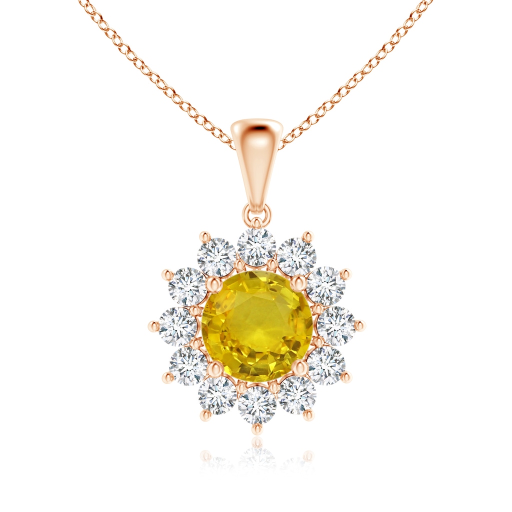 6.97-7.01-4.98mm AAA Round Yellow Sapphire Flower Pendant with Diamond Halo in Rose Gold