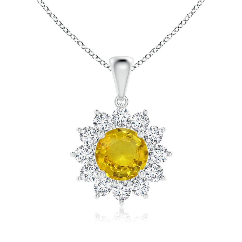 6.97-7.01-4.98mm AAA Round Yellow Sapphire Flower Pendant with Diamond Halo in White Gold