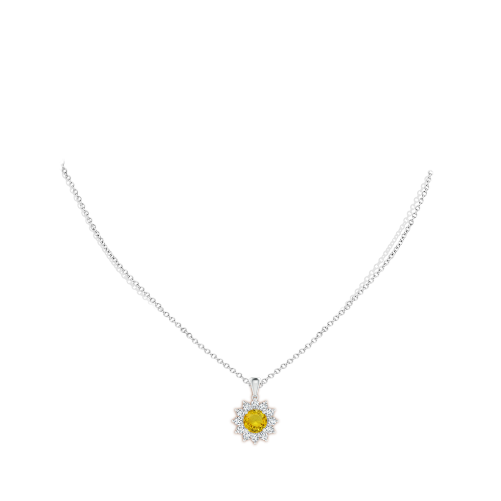 6.97-7.01-4.98mm AAA Round Yellow Sapphire Flower Pendant with Diamond Halo in White Gold pen