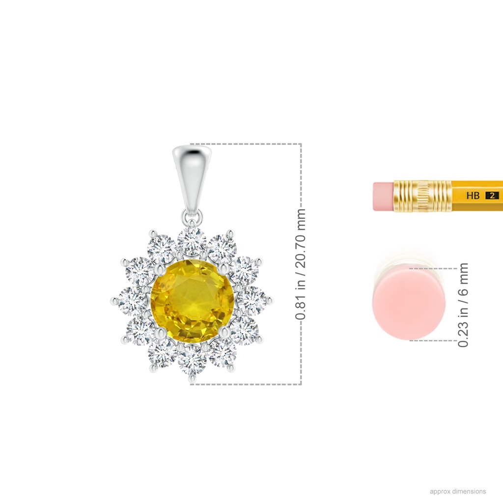 6.97-7.01-4.98mm AAA Round Yellow Sapphire Flower Pendant with Diamond Halo in White Gold ruler
