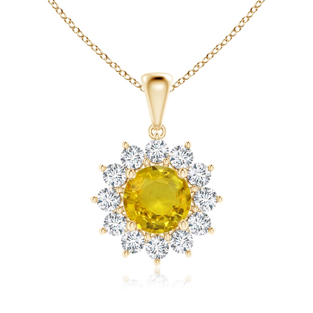 6.97-7.01-4.98mm AAA Round Yellow Sapphire Flower Pendant with Diamond Halo in Yellow Gold