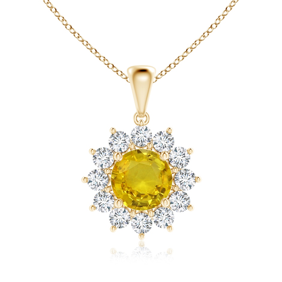 6.97-7.01-4.98mm AAA Round Yellow Sapphire Flower Pendant with Diamond Halo in Yellow Gold 