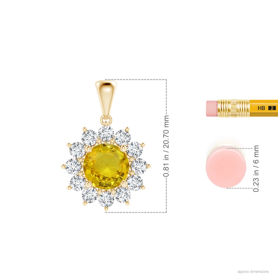 6.97-7.01-4.98mm AAA Round Yellow Sapphire Flower Pendant with Diamond Halo in Yellow Gold ruler
