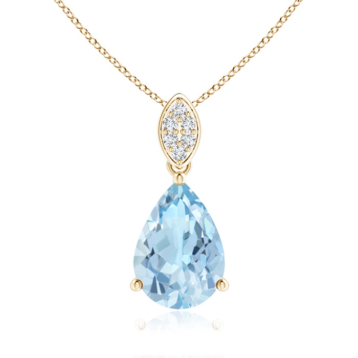 10x7mm AAA Pear-Shaped Aquamarine Pendant with Leaf Bale in Yellow Gold 
