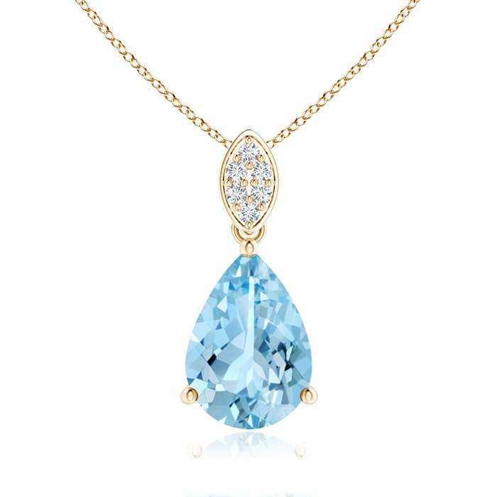 10x7mm AAAA Pear-Shaped Aquamarine Pendant with Leaf Bale in Yellow Gold