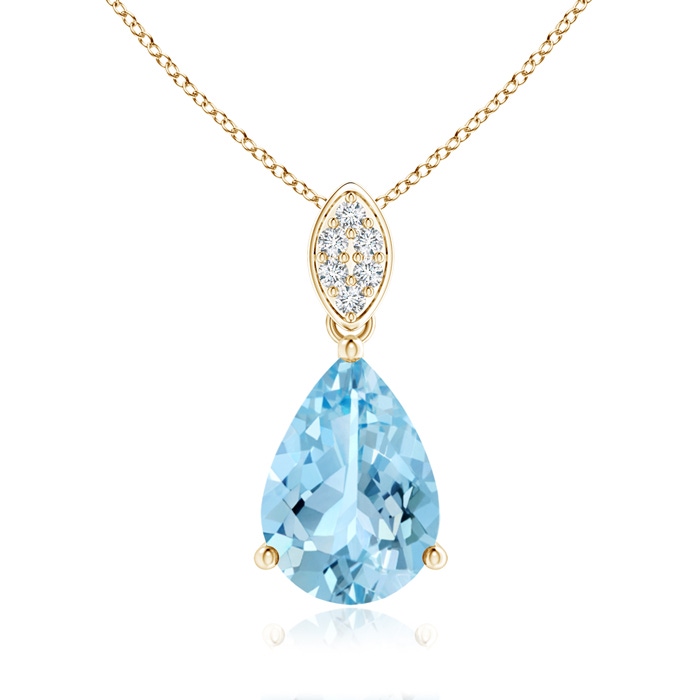 10x7mm AAAA Pear-Shaped Aquamarine Pendant with Leaf Bale in Yellow Gold 