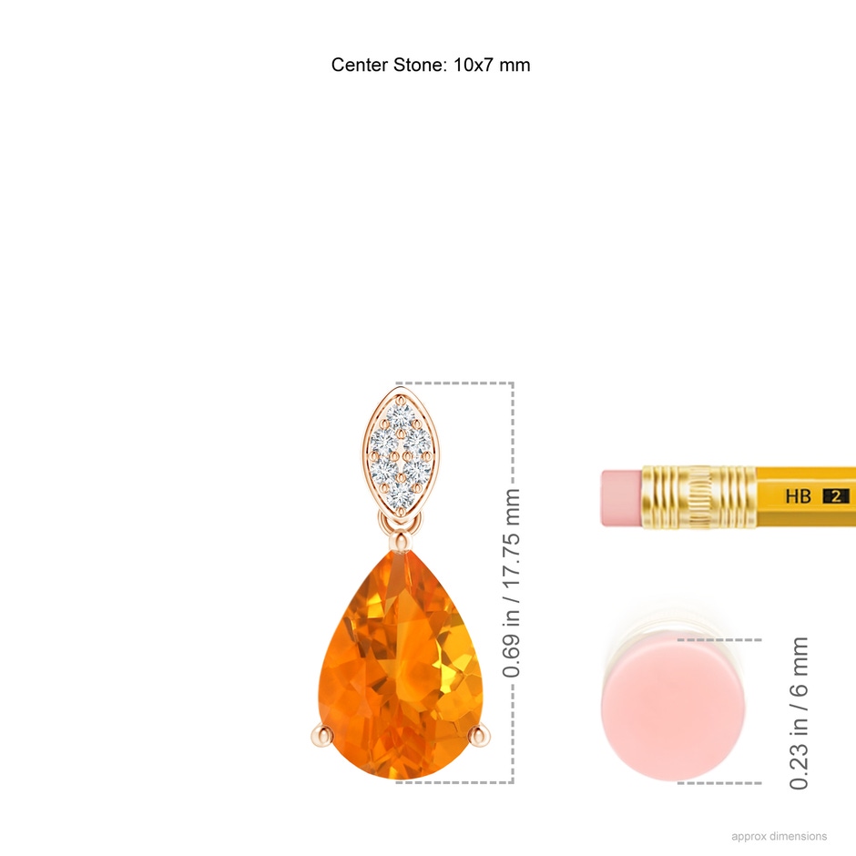 10x7mm AA Pear-Shaped Fire Opal Pendant with Leaf Bale in 18K Rose Gold ruler