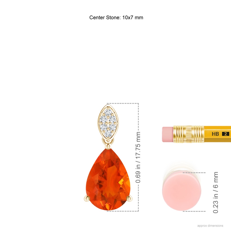 10x7mm AAA Pear-Shaped Fire Opal Pendant with Leaf Bale in Yellow Gold ruler