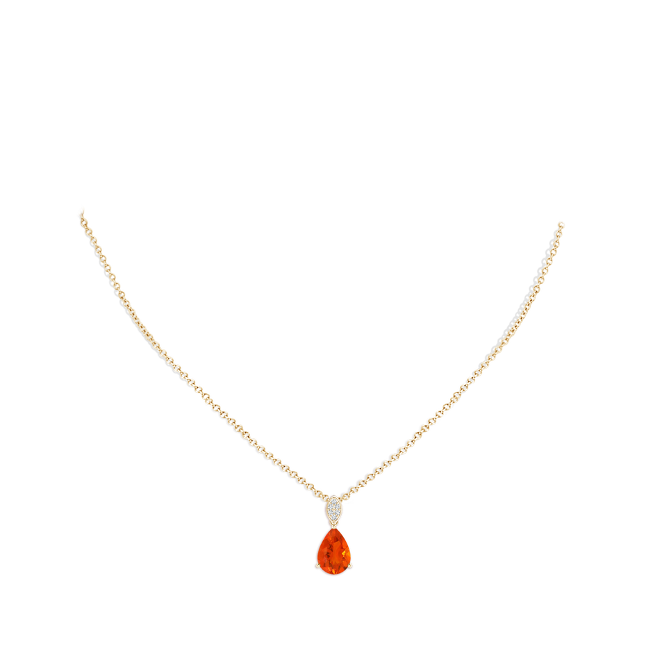 10x7mm AAA Pear-Shaped Fire Opal Pendant with Leaf Bale in Yellow Gold pen
