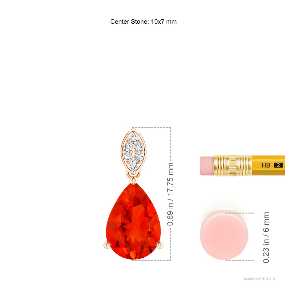 10x7mm AAAA Pear-Shaped Fire Opal Pendant with Leaf Bale in Rose Gold ruler