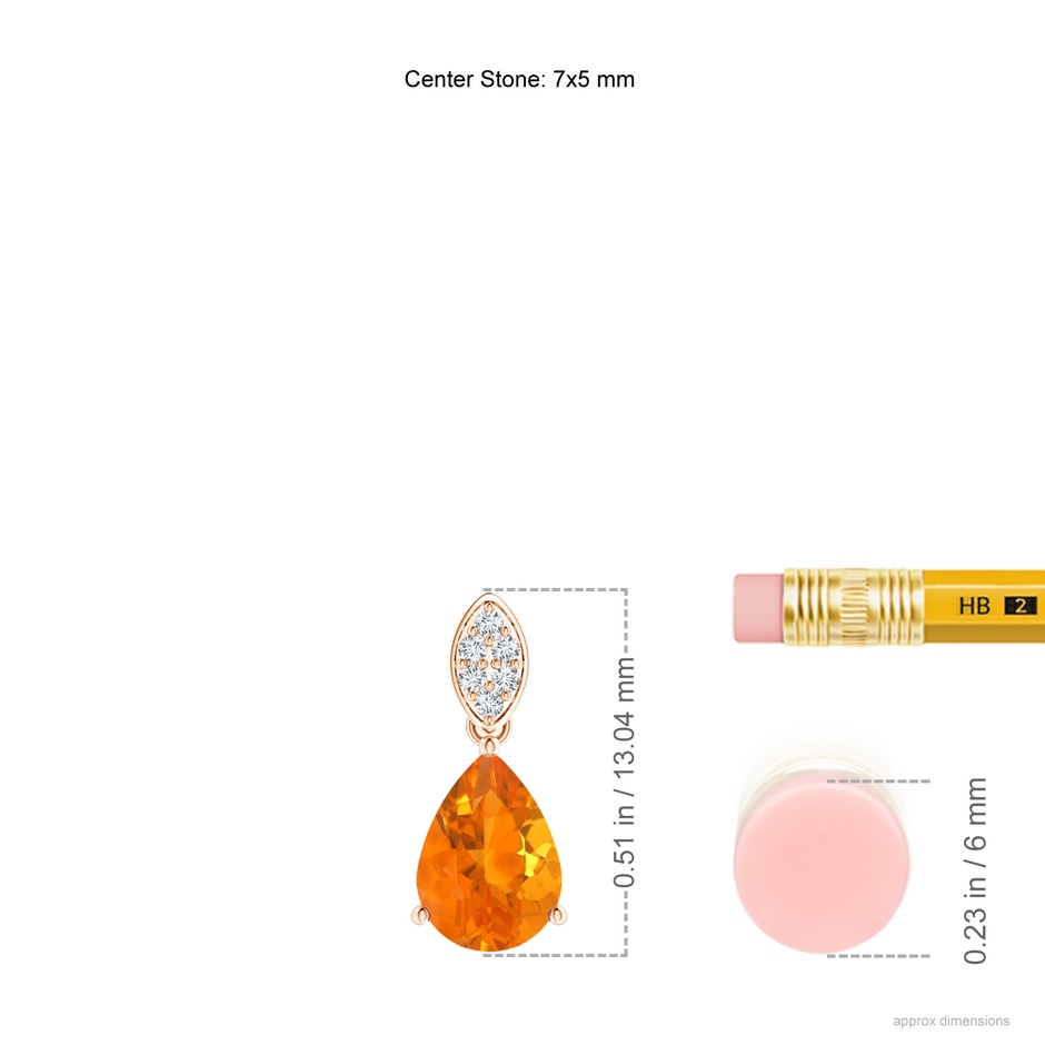 7x5mm AA Pear-Shaped Fire Opal Pendant with Leaf Bale in Rose Gold ruler