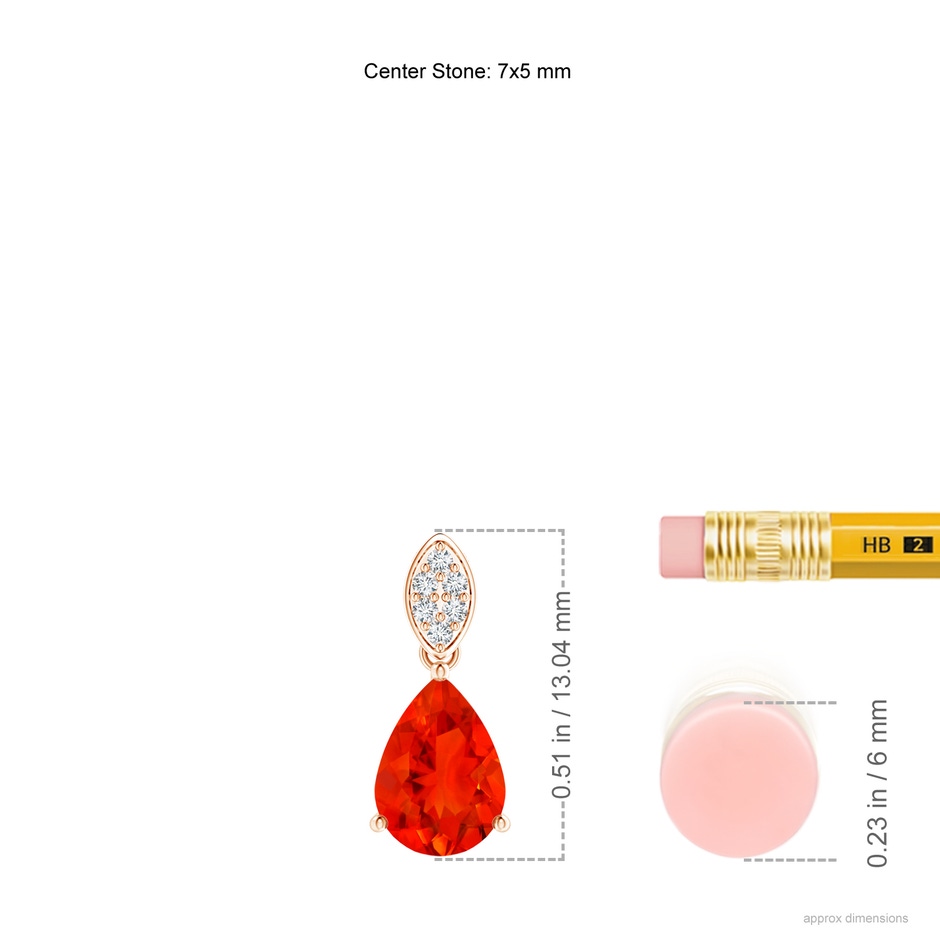 7x5mm AAAA Pear-Shaped Fire Opal Pendant with Leaf Bale in Rose Gold ruler